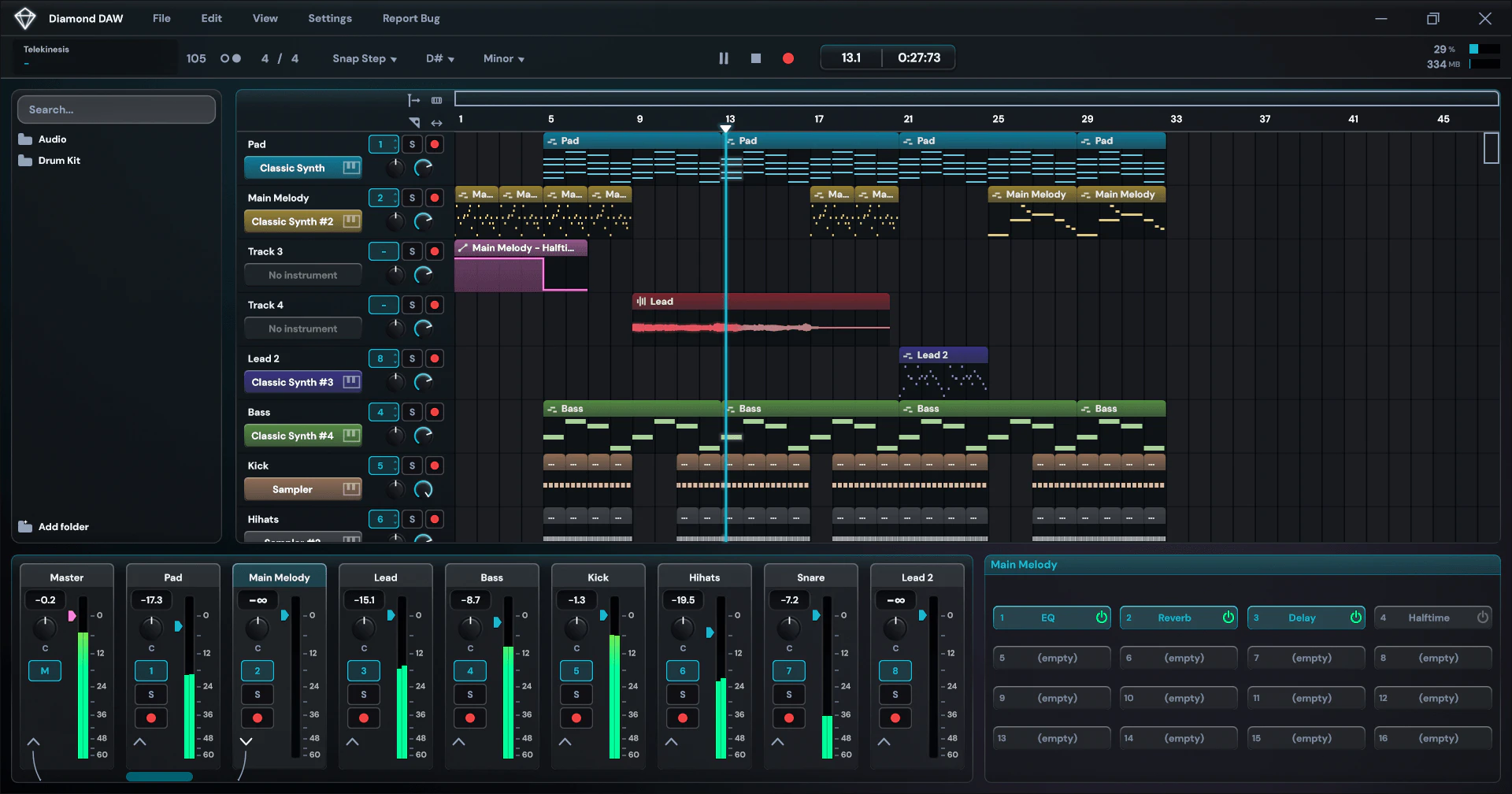 Diamond DAW part-way through a session: named tracks for pad, melody, lead, bass, kick and hi-hats, most with an instrument loaded, their clips laid out along the timeline, and the mixer with a channel per track and an effect rack across the bottom.