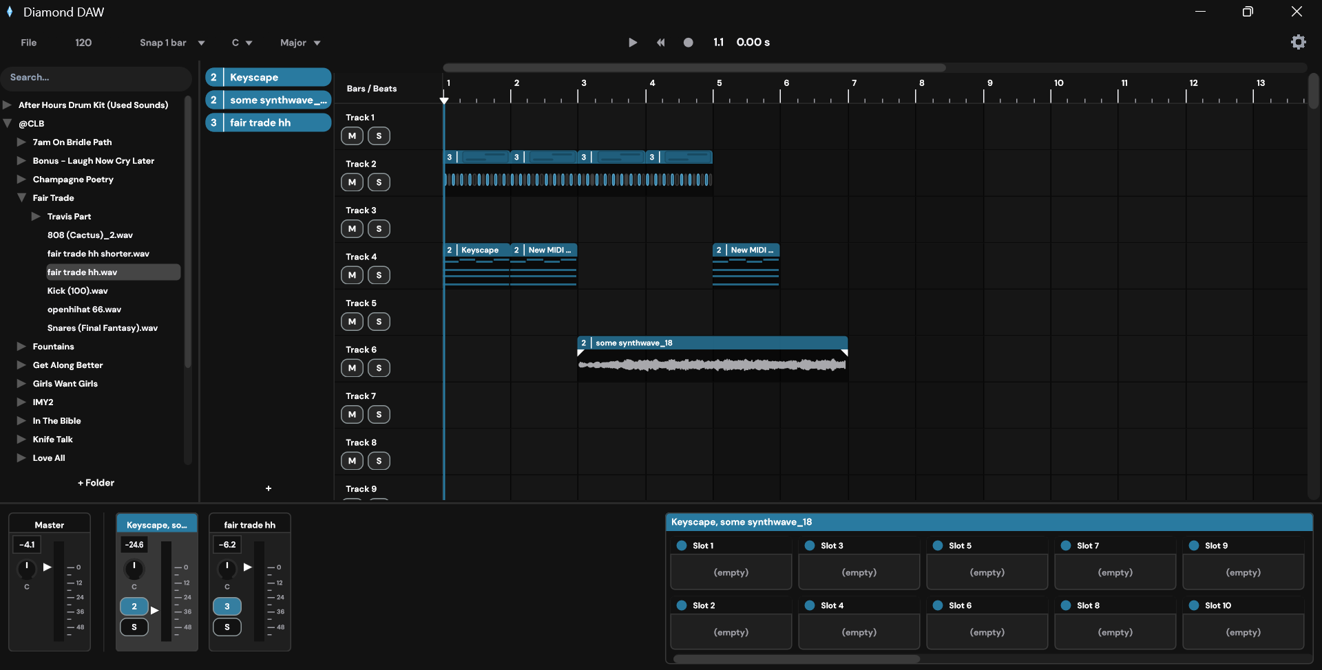 Diamond DAW session view — timeline, channel rack, mixer, and plugin slots